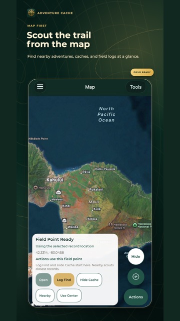 The Adventure Cache map with nearby caches and a panel to log a find or hide a cache