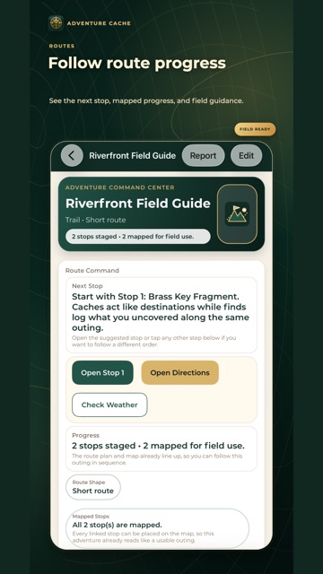 An adventure's route progress with its next stop, directions, and mapped stops
