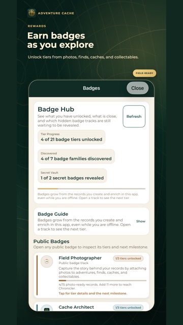 The Badge Hub with tier progress, discovered badge families, and secret badges