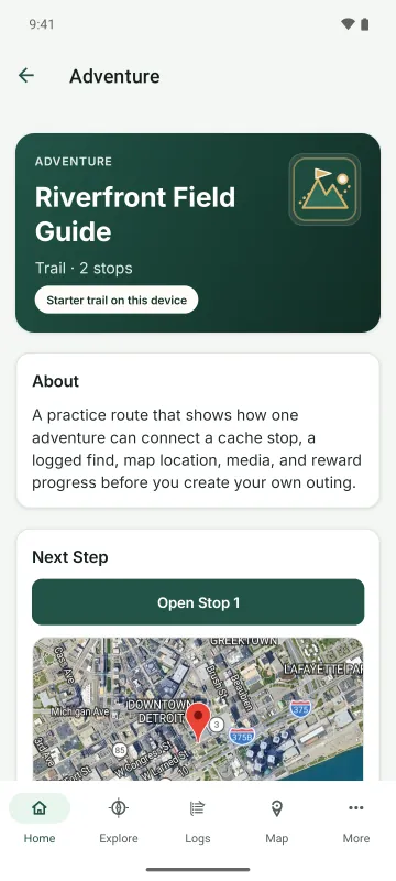 The Riverfront Field Guide adventure: a trail with two stops, what it covers, and a map of the next stop