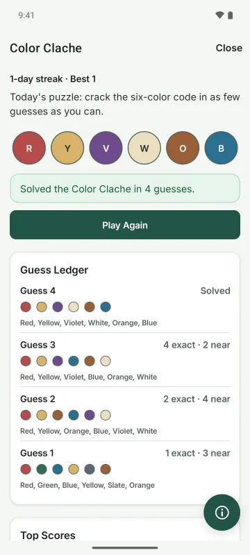 Today's Color Clache solved in four guesses, with a 1-day streak and each guess's exact and near matches in the Guess Ledger