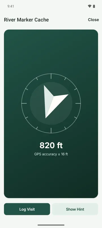 Find mode on Android: a large arrow points toward River Marker Cache, with the distance below and Log Visit and Show Hint buttons