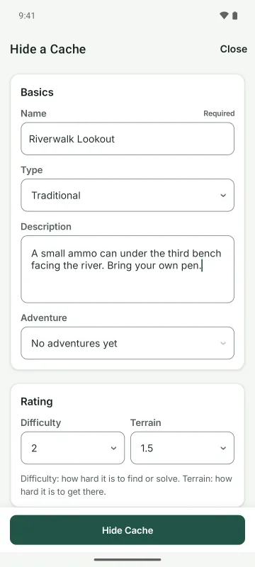 Hide a Cache on Android: the name, cache type, difficulty, terrain, and description fields