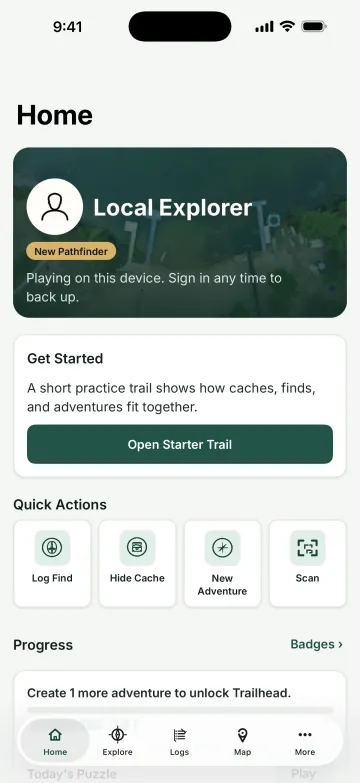 The Adventure Cache Home screen on iPhone: a profile card, a Get Started card for the practice trail, Quick Actions to log a find, hide a cache, start an adventure, or scan, and badge progress