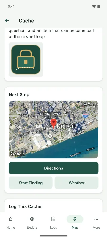 A cache page with its photo, a map of the next step, and Directions, Start Finding, and Weather buttons