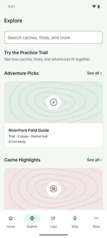 Explore on Android: a search box, the practice trail, Adventure Picks, and Cache Highlights