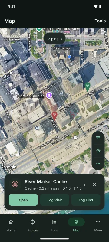 The map in the dark theme, with River Marker Cache selected